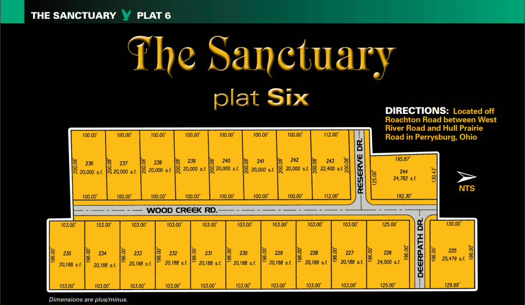 Sanctuary plat 6 lot map. One of the new home communities within The Sanctuary, extra large land for sale for homesites in Perrysburg, Ohio