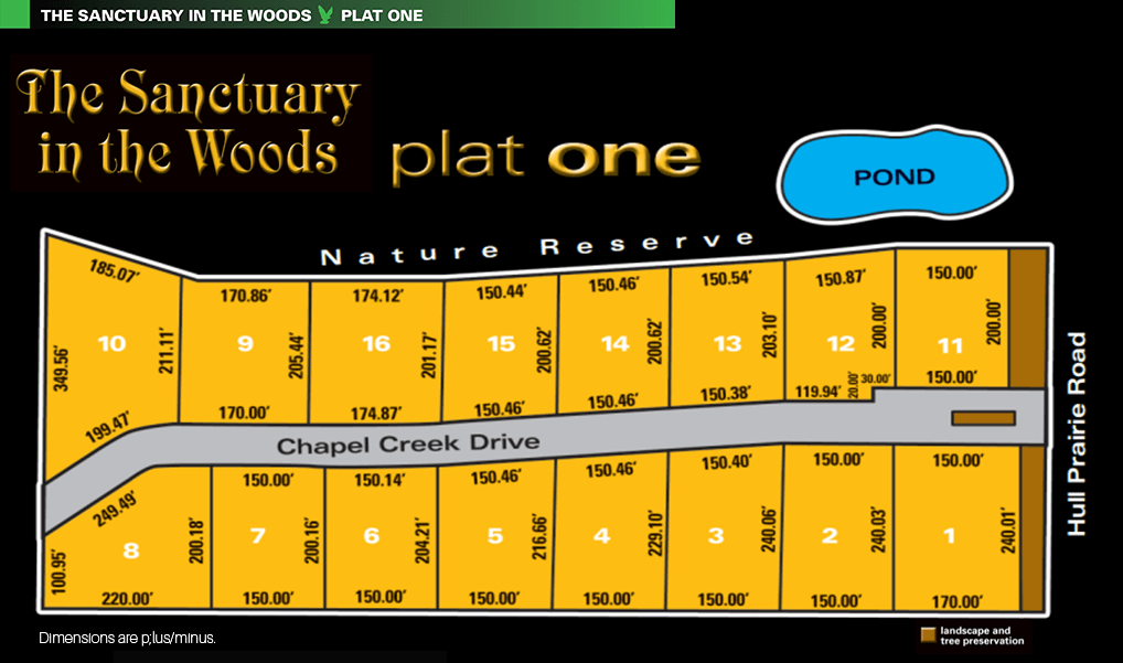 Sanctuary in the Woods plat one homesite map. Available new home construction land for sale in Perrysburg, Ohio