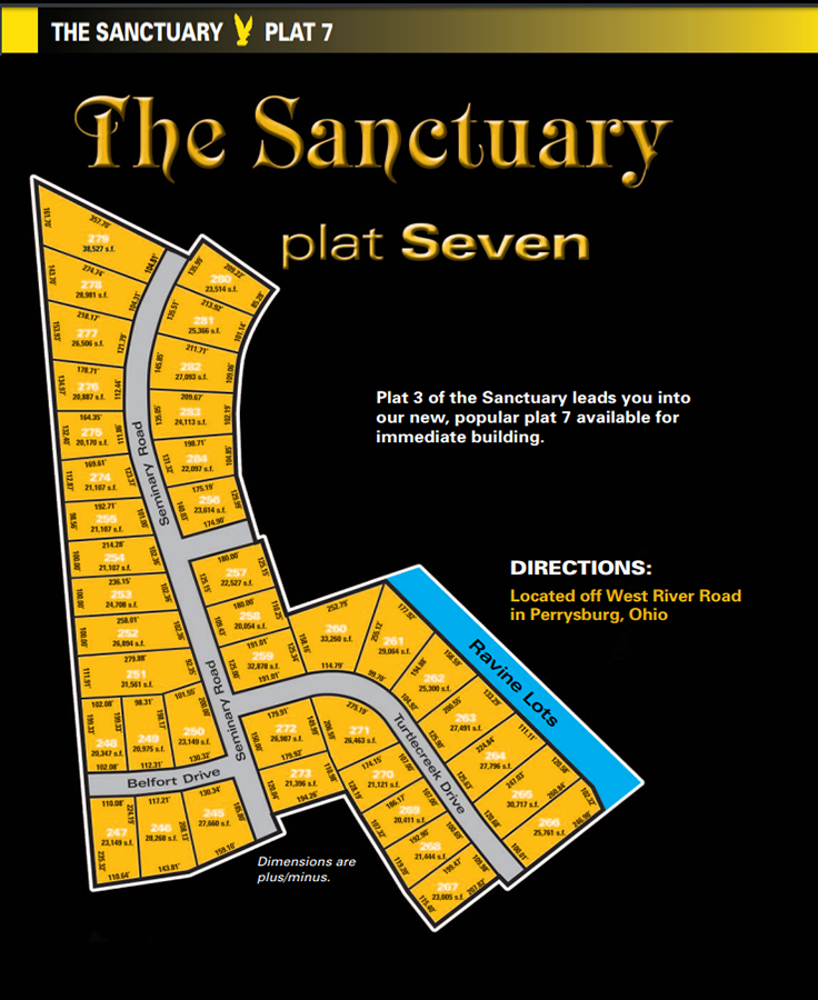 Sanctuary plat 7 lot map. One of the new home communities within The Sanctuary, extra large land for sale for homesites in Perrysburg, Ohio